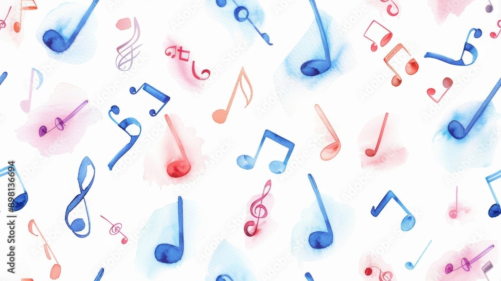 Music notes and flowing melodies depicted in a seamless musical pattern using watercolor style create an elegant and rhythmic design. Music notes and flowing melodies depicted in a seamless musical pattern using watercolor style create an elegant and rhythmic design.