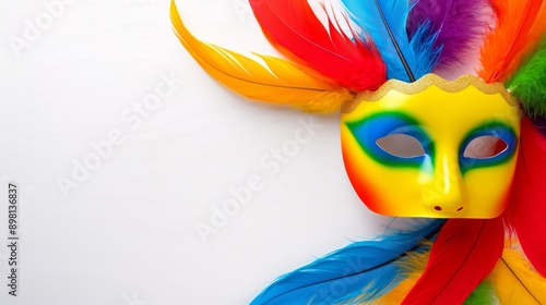 A colorful mask with feathers on it is on a blue background. The mask is the main focus of the image, and the feathers add a sense of whimsy and playfulness to the scene photo