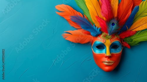 A colorful mask with feathers on it is on a blue background. The mask is the main focus of the image, and the feathers add a sense of whimsy and playfulness to the scene photo