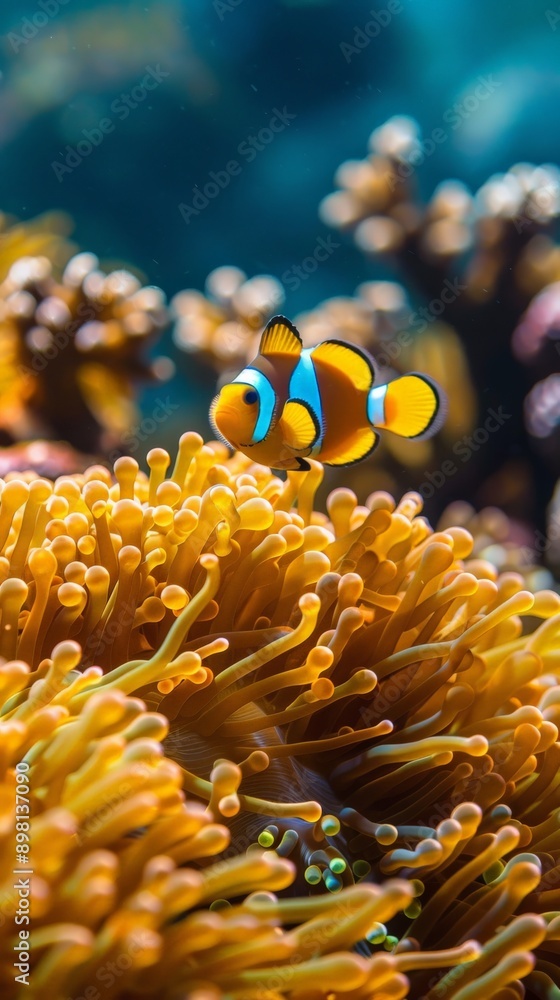 A clownfish perched on the edge of a colorful anemone A clownfish perched on the edge of a colorful anemone