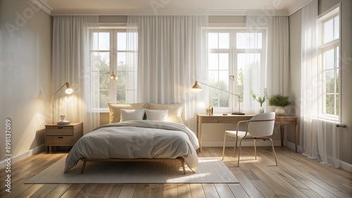 Soft morning light pours through sheer white curtains, illuminating a serene, minimalist bedroom with a plush bed, wooden floor, and a single, delicate desk lamp.