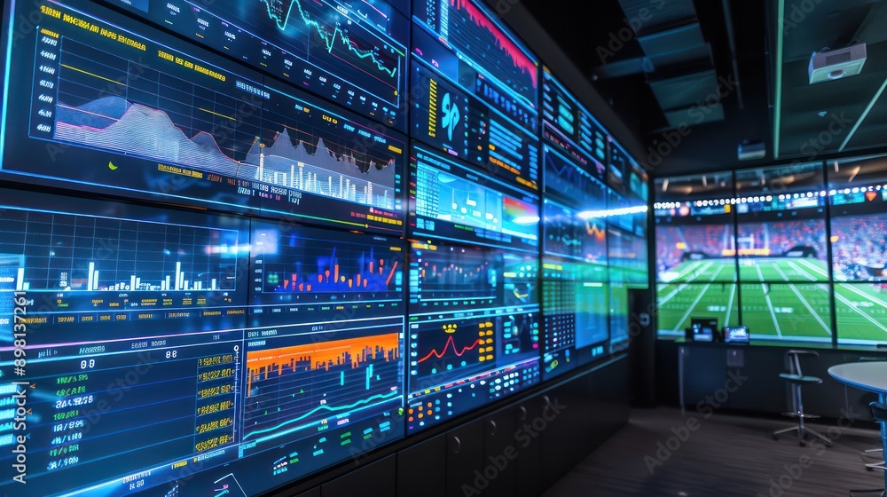 high-tech sports analytics center where coaches and players review performance data on large interactive screens, optimizing strategies in real-time high-tech sports analytics center where coaches and players review performance data on large interactive screens, optimizing strategies in real-time