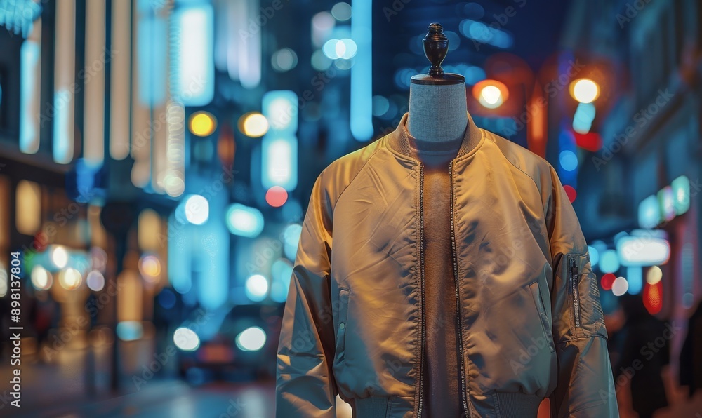 silver bomber jacket on mannequin in Tokyo streets at night with neon lights and blurred background in urban cinematic fashion photography silver bomber jacket on mannequin in Tokyo streets at night with neon lights and blurred background in urban cinematic fashion photography