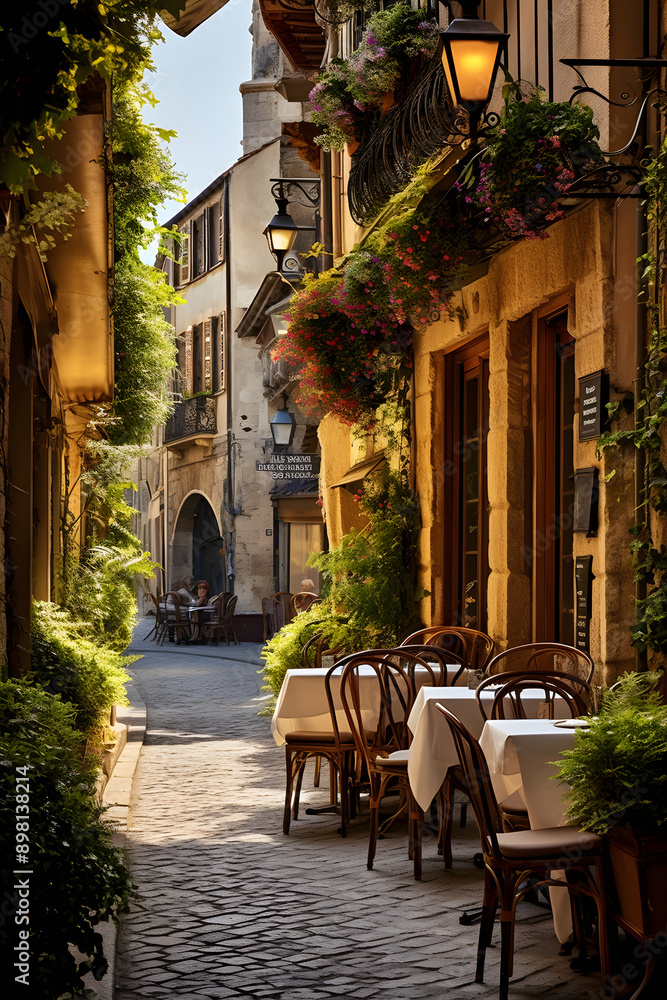 Obraz premium Romantic European City Street View: Exquisite Architecture, Cobblestone Streets, and Alfresco Cafe