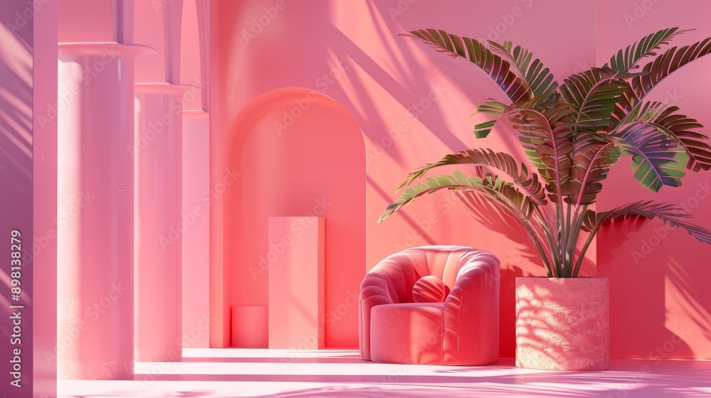 A pink room with a single armchair, a plant, and a column. Sunlight shines through the window casting shadows on the wall. A pink room with a single armchair, a plant, and a column. Sunlight shines through the window casting shadows on the wall.