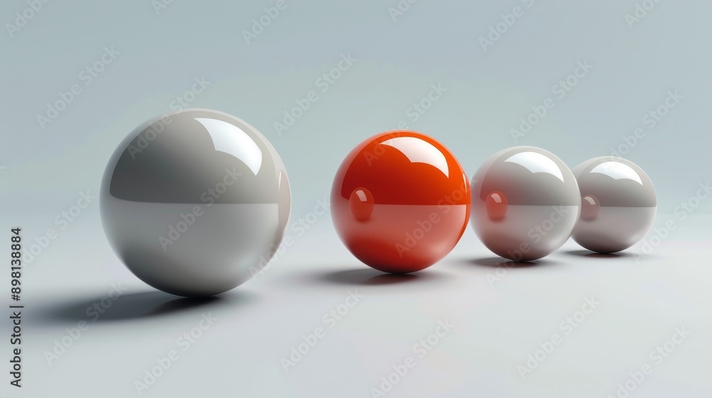 A single red sphere stands out among a row of white spheres. This minimalist image symbolizes individuality, leadership, and standing out from the crowd. A single red sphere stands out among a row of white spheres. This minimalist image symbolizes individuality, leadership, and standing out from the crowd.