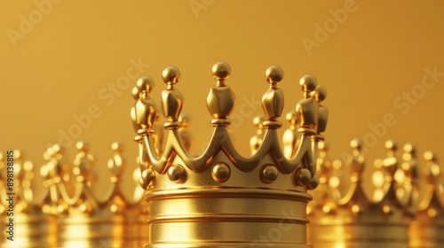 A single golden crown stands tall above a row of other crowns, symbolizing leadership and success.
