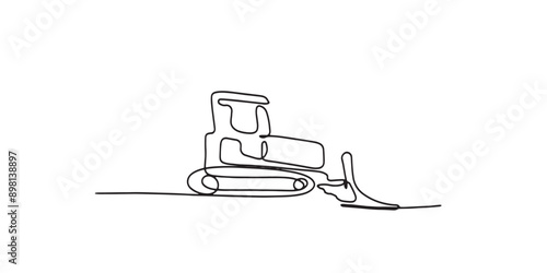 One single line drawing of bulldozer for soil earth drilling vector illustration, commercial vehicle. Heavy digger machine construction concept.