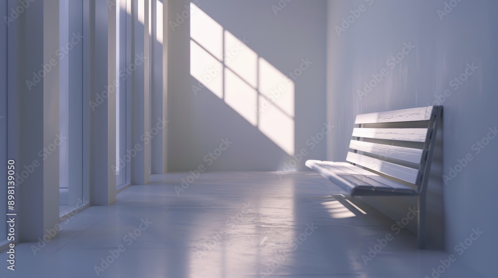 Obraz premium A lone bench sits in a sunlit minimalist room with large windows. The light casts a soft glow on the floor.