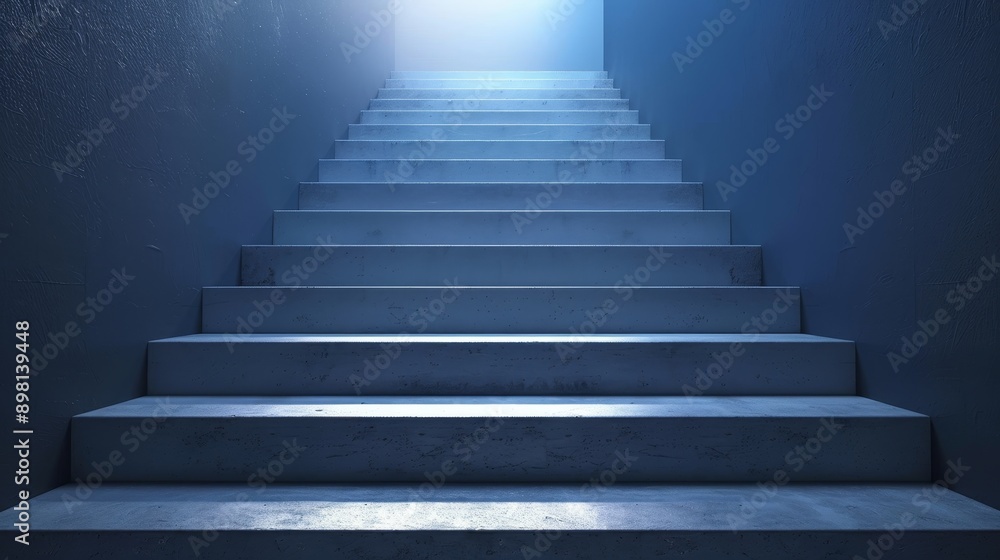 Fototapeta premium A long staircase with bright light at the end. A concept of hope and progress.