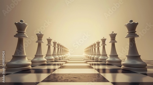 A long line of white chess pieces stand on a chessboard, facing a bright light at the end of the path.