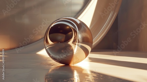 A metallic sphere sits on a reflective surface, illuminated by a warm, golden light. The sphere reflects the light, creating a dazzling display of highlights and shadows.
