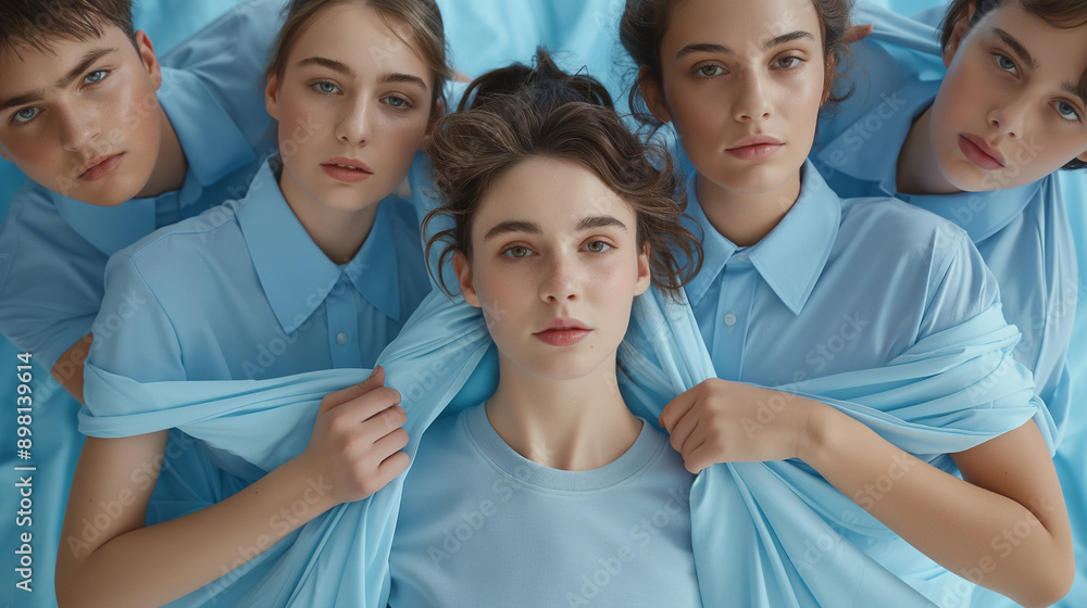 Group of people pulling the shirt of the model in the middle, fashion photography Group of people pulling the shirt of the model in the middle, fashion photography