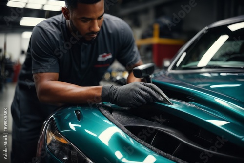 A Mechanic Applying Detailing Protection to a Teal Sports Car photo