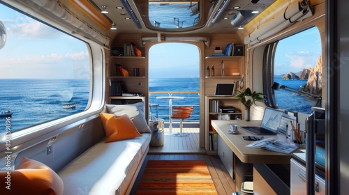 luxury cruise ship cabin designed as a mobile office  with nautical decor  a compact desk  and ocean views