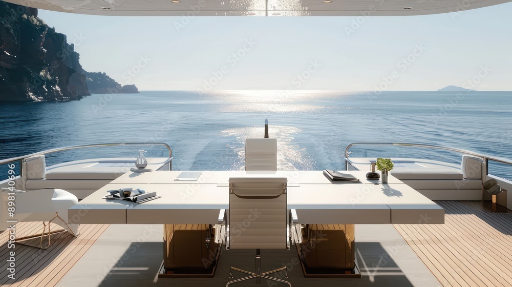 Obraz premium minimalist and serene office set up on the deck of a yacht, combining luxury and functionality with breathtaking sea views