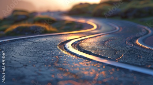 A winding path in a frozen landscape reflects the warm glow of sunrise. The image evokes a sense of peace and tranquility.