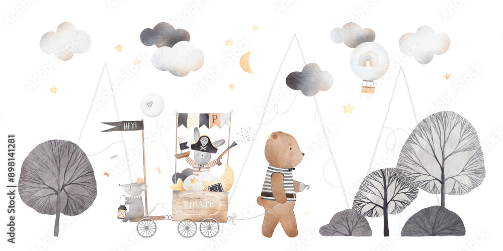 custom made wallpaper toronto digitalFriends are pirates. A bear, a bunny and a mouse are traveling. Watercolor illustration. Poster illustration for kids room. Mountain landscape.