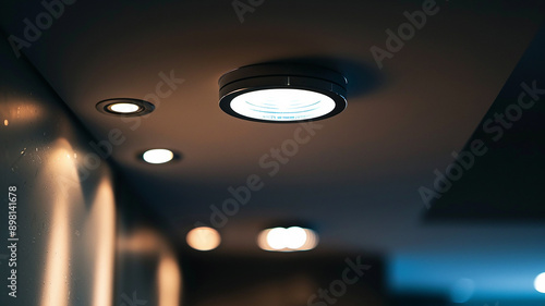 close-up photo of ceiling with line and round light