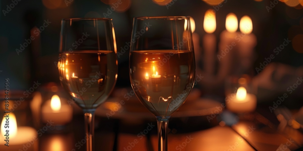 A pair of wine glasses sitting on a table, ready for use A pair of wine glasses sitting on a table, ready for use