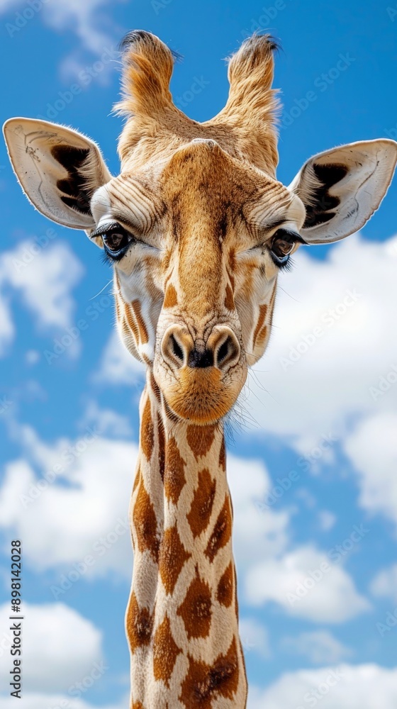 Naklejka premium A giraffe with a curious expression looks up at the sky