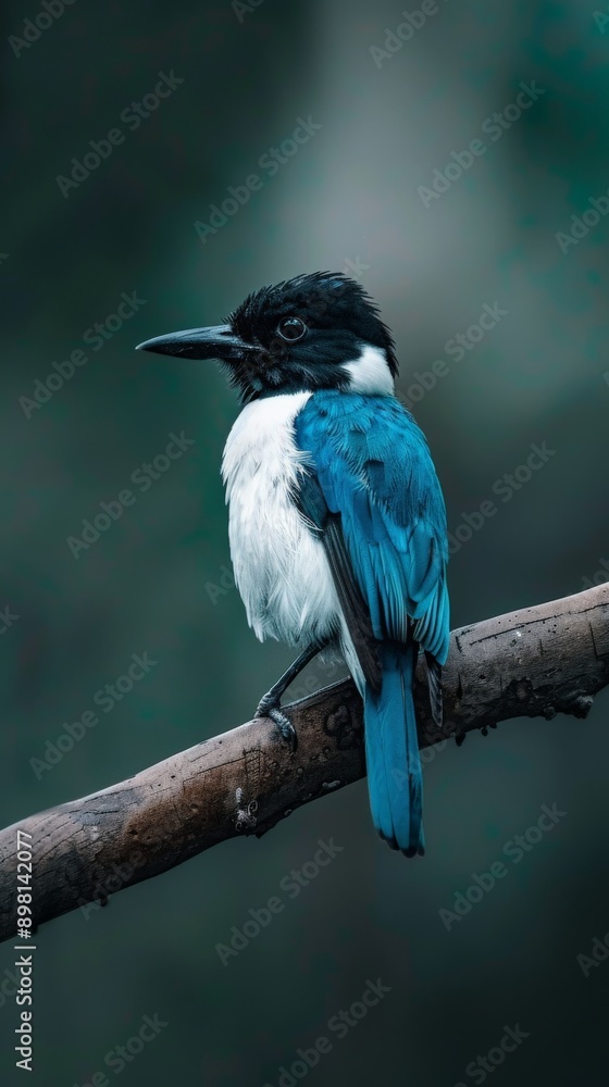 A blue bird with a black head rests on a branch A blue bird with a black head rests on a branch