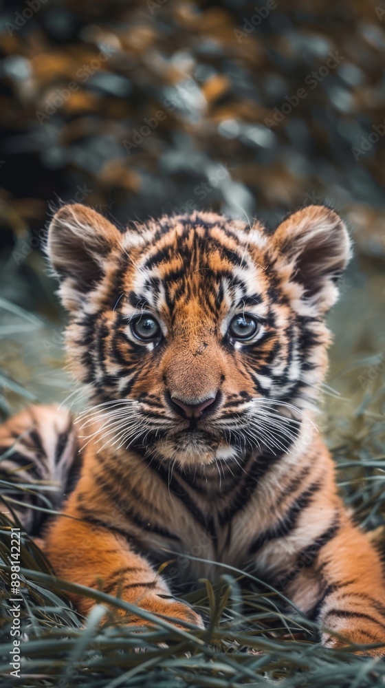 Fototapeta premium A baby tiger looks at the camera while hiding in the green grass