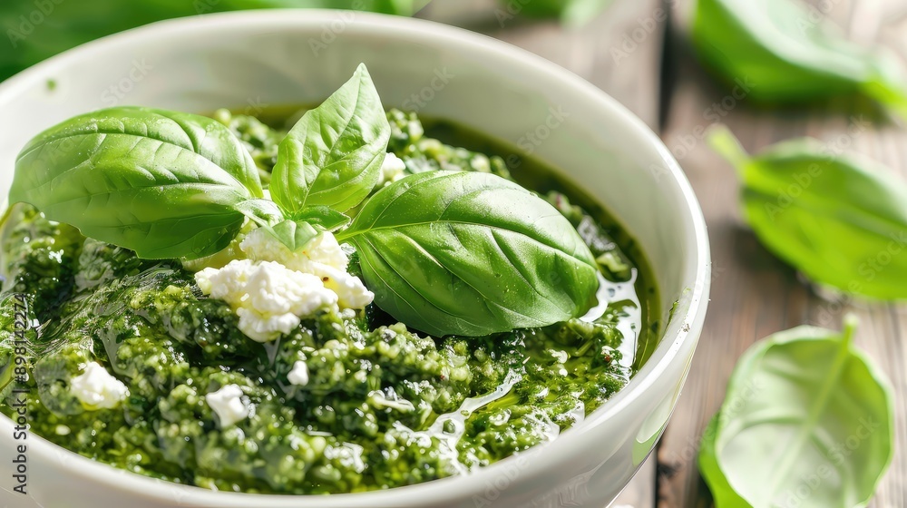 Pesto with basil in a bowl. Selective focus. Pesto with basil in a bowl. Selective focus.