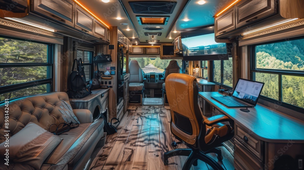 Fototapeta premium mobile office set up in a luxury RV, with state-of-the-art technology, comfortable furnishings, and the flexibility to work from anywhere