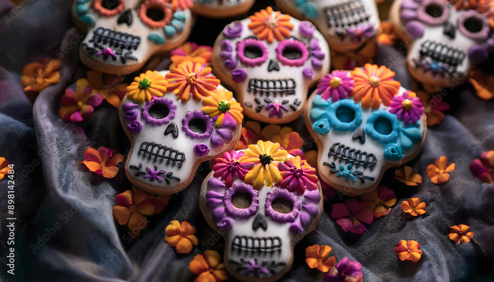 Fototapeta premium zucker, totenkopf, totenköpfe, kekse, halloween, neu, close up, pattern, copy space, dia de los muertos, dekor, glasur, bunt, karte, flyer, texture, schädel, Vielfalt, blumen, süss, niedlich, ad, y2k