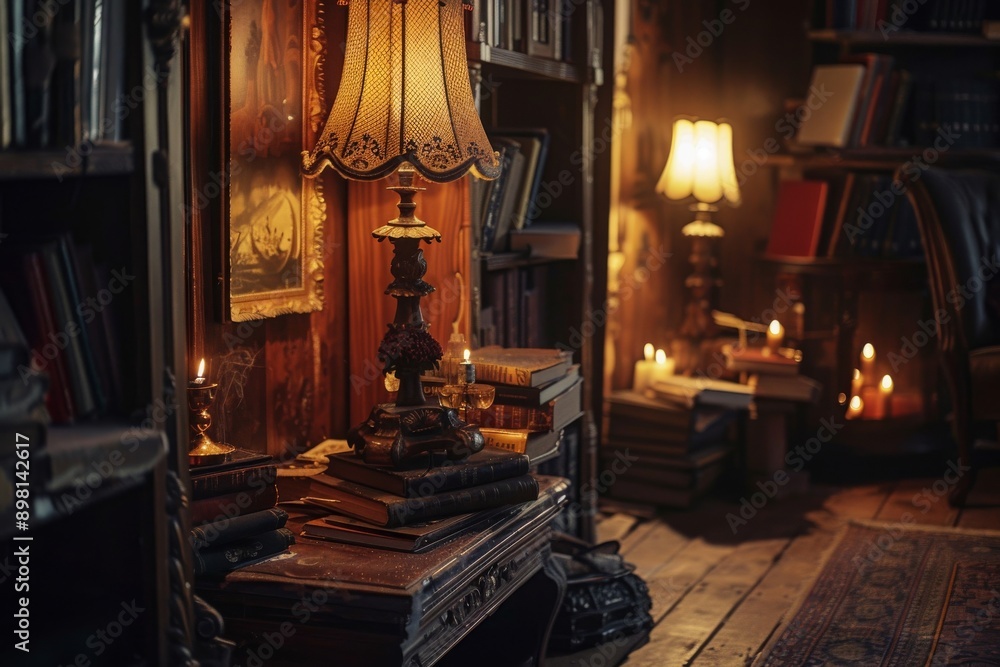 Interior of the old library with books, candles and a lamp. Interior of the old library with books, candles and a lamp.