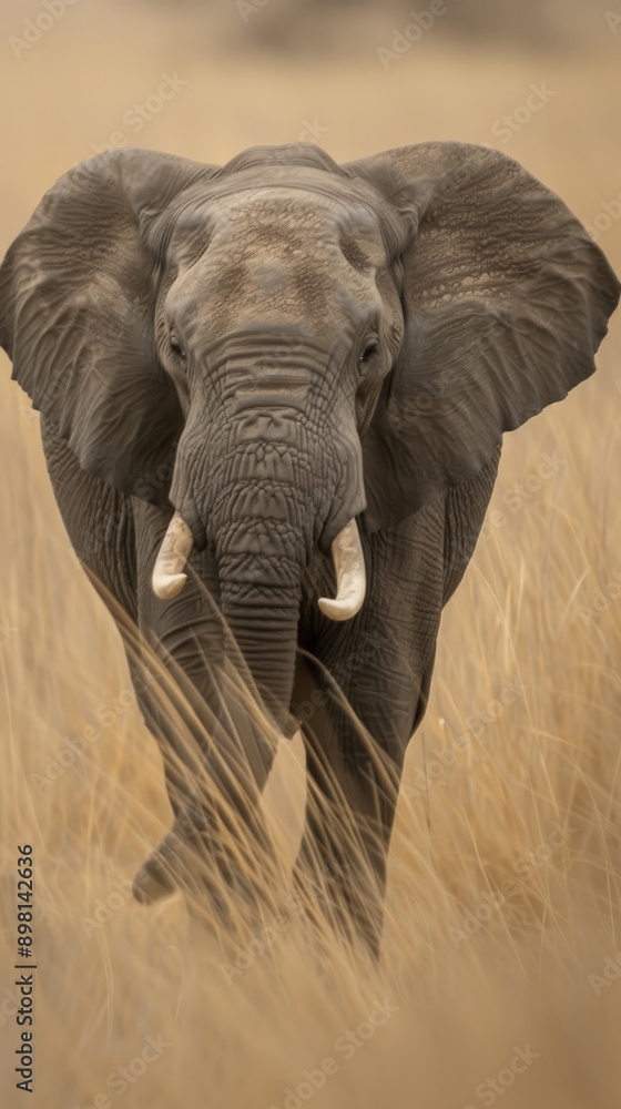 Naklejka premium An African elephant walks through grass at sunset