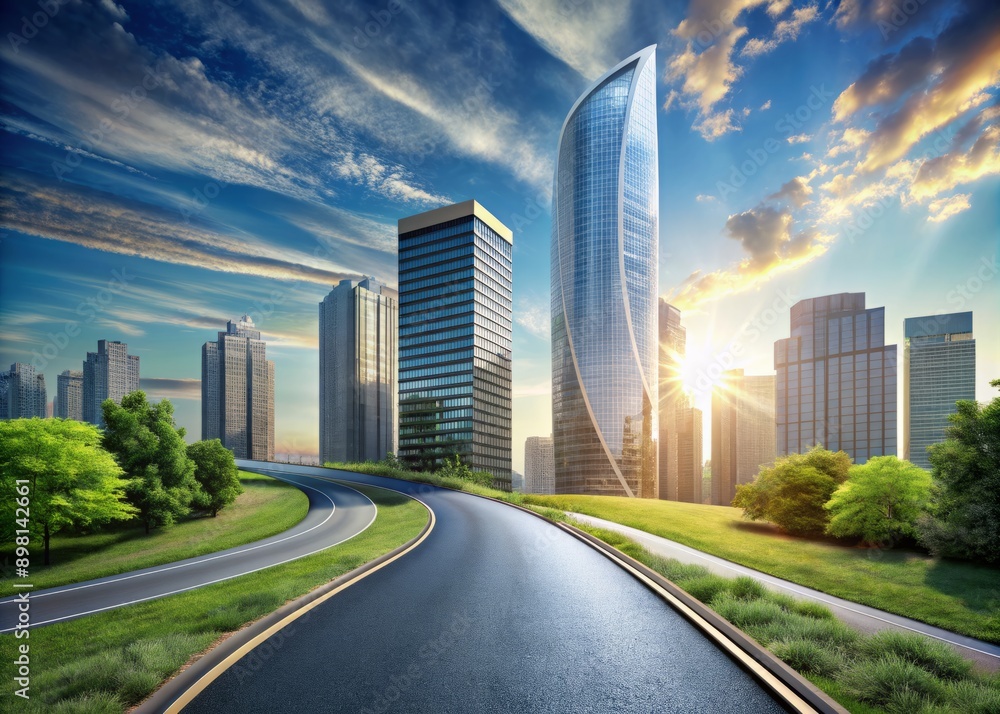 A winding road stretches towards a sleek, modern skyscraper, symbolizing the journey from humble startup to prosperous corporate headquarters. A winding road stretches towards a sleek, modern skyscraper, symbolizing the journey from humble startup to prosperous corporate headquarters.