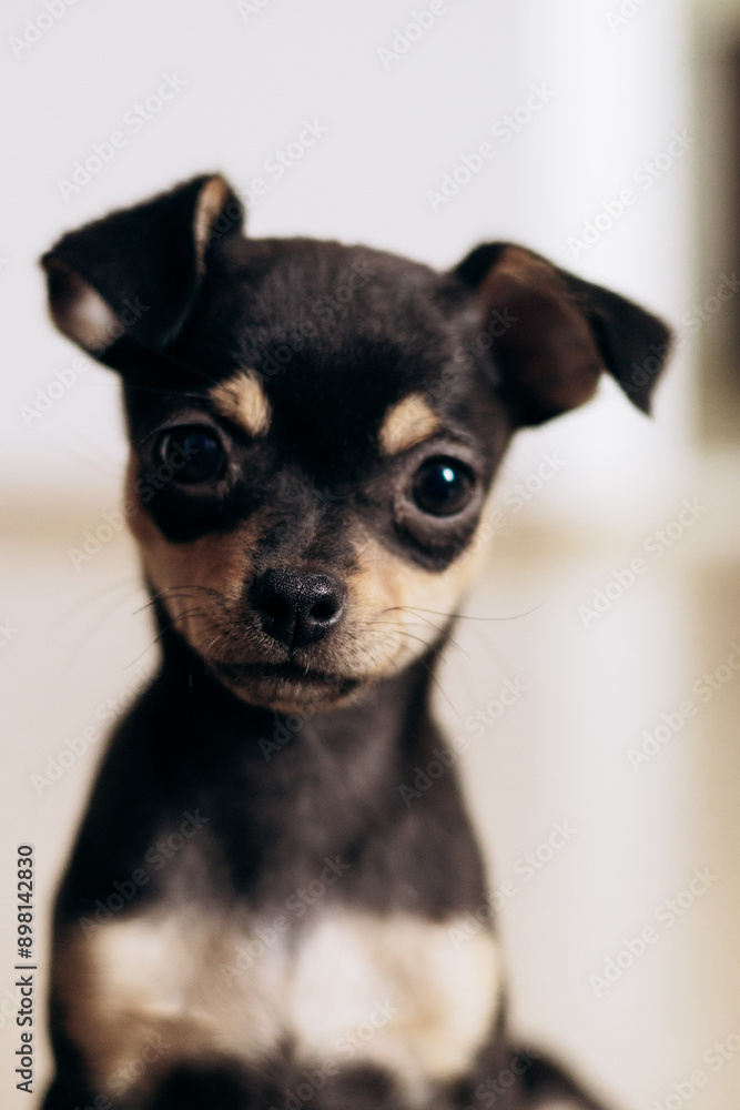 A chihuahua puppy playfully looks at the camera. Pets are little friends A chihuahua puppy playfully looks at the camera. Pets are little friends