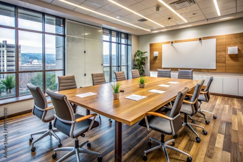 Wallpaper Mural Empty modern conference room with wooden table and chairs, whiteboard with notes, and scattered papers, conveying a sense of professional collaboration. Torontodigital.ca
