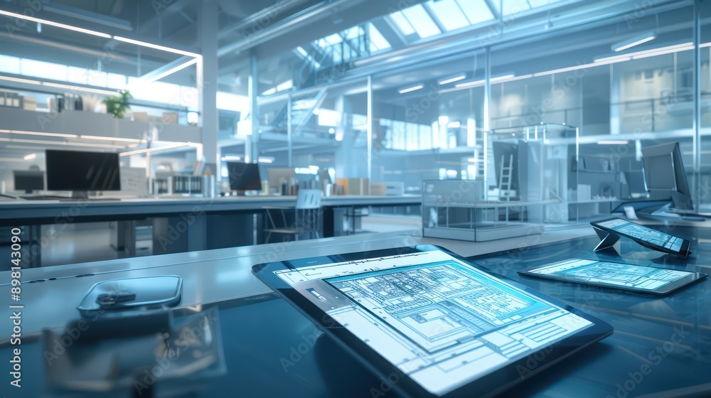 modern architectural office where designers use digital surface tablets to interactively modify building plans