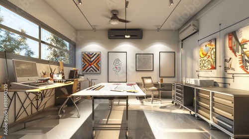 modern art studio with a small office area, featuring clean lines, a large drafting table, and walls adorned with inspiring artwork