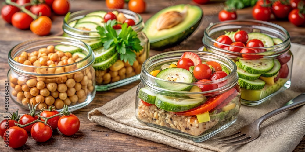 Freshly prepared healthy meal in glass containers on rustic beige background, featuring chickpeas, grilled chicken, juicy tomatoes, crisp cucumbers, and creamy avocados, promoting zero waste. Freshly prepared healthy meal in glass containers on rustic beige background, featuring chickpeas, grilled chicken, juicy tomatoes, crisp cucumbers, and creamy avocados, promoting zero waste.