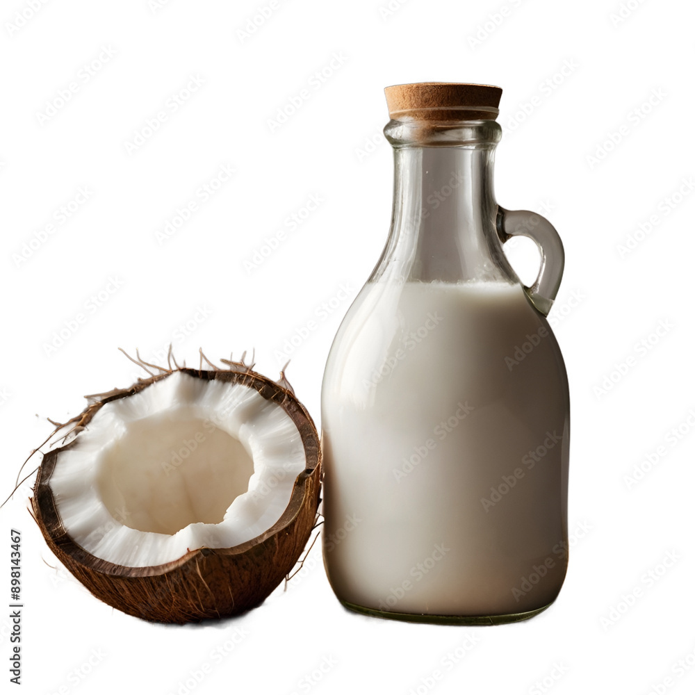 coconut milk in a glass bottle with fresh coconut, tropical food