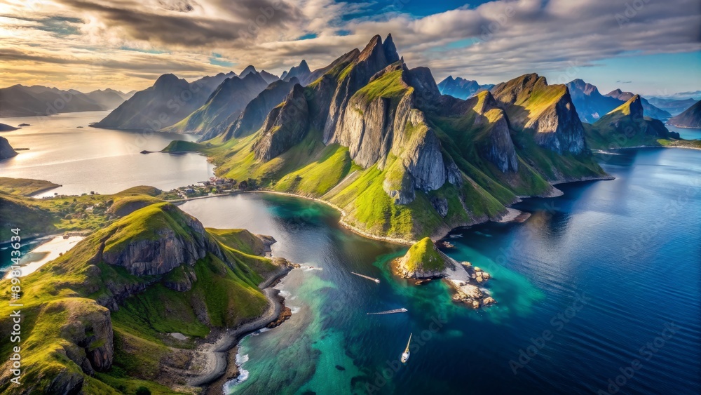 Obraz premium Breathtaking aerial view of a rugged cliff edge in Norway's Lofoten Islands, evoking a sense of adventure and freedom, perfect for summer vacation concept imagery.