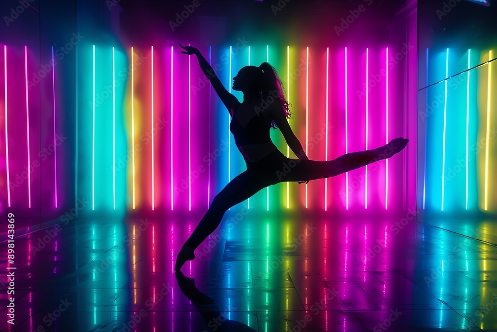 Silhouette of a dancer performing gracefully in front of colorful neon lights, showcasing elegance and movement. Silhouette of a dancer performing gracefully in front of colorful neon lights, showcasing elegance and movement.