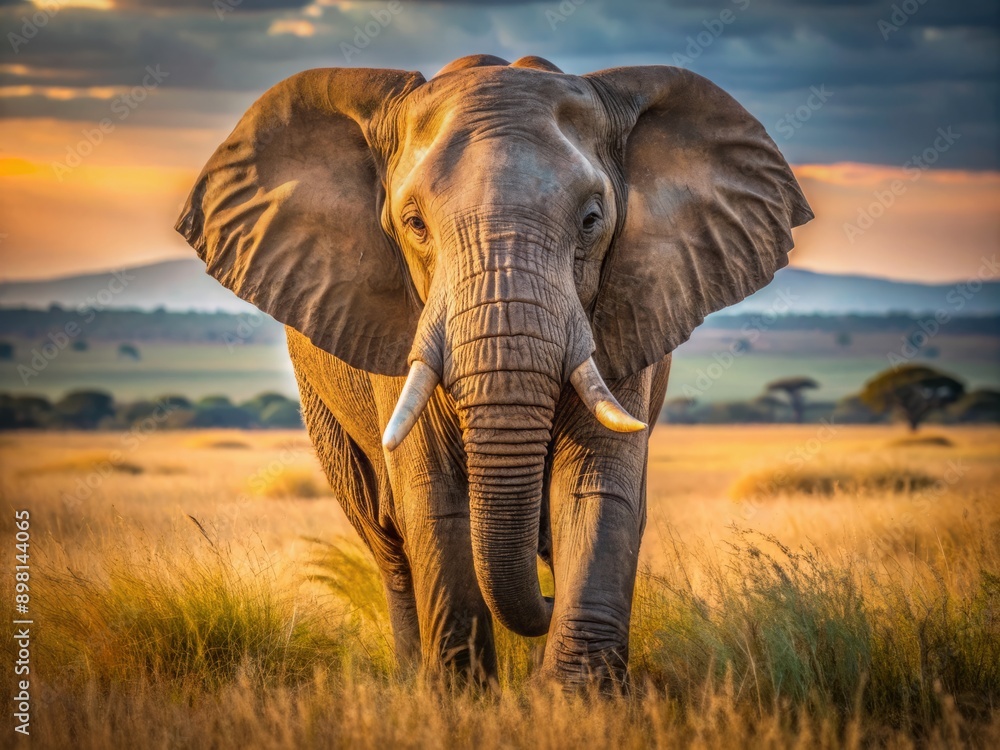 Fototapeta premium Majestic African elephant stands in serene savannah landscape, wrinkled gray skin glistening in warm sunlight, tusks gleaming, ears flapping gently in the breeze.