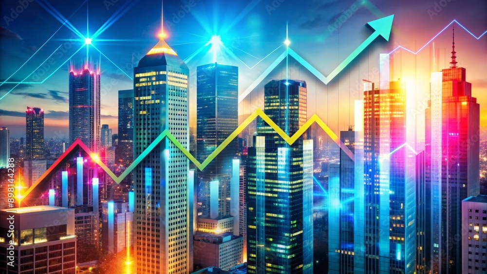 Vibrant arrows rising from a cityscape, surrounded by glowing charts, graphs, and infographics, symbolizing illuminating business growth and financial success through data visualization. Vibrant arrows rising from a cityscape, surrounded by glowing charts, graphs, and infographics, symbolizing illuminating business growth and financial success through data visualization.