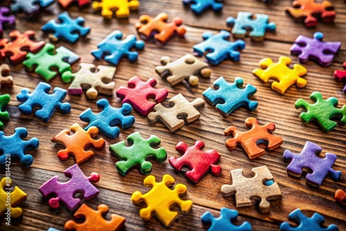 Vibrant puzzle pieces scattered on a wooden table, with a few perfectly fitted together, telling a story of teamwork and excitement in progress.