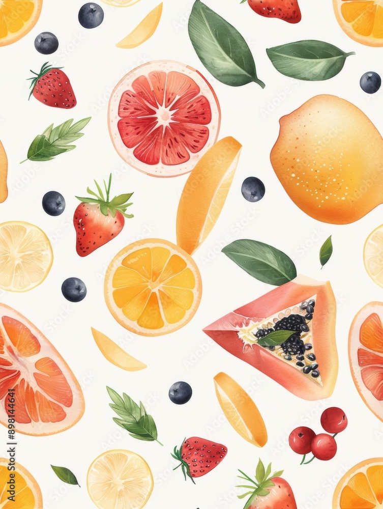 Fruits and berries in a vibrant and fresh seamless summer pattern, rendered in watercolor style, capture the essence of summer's bounty. Fruits and berries in a vibrant and fresh seamless summer pattern, rendered in watercolor style, capture the essence of summer's bounty.