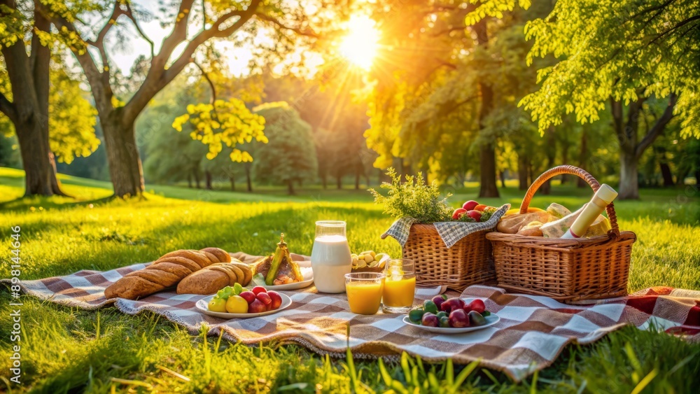 A serene picnic setting in a lush green park, with a blanket spread out and a variety of food and drinks, bathed in warm sunlight. A serene picnic setting in a lush green park, with a blanket spread out and a variety of food and drinks, bathed in warm sunlight.
