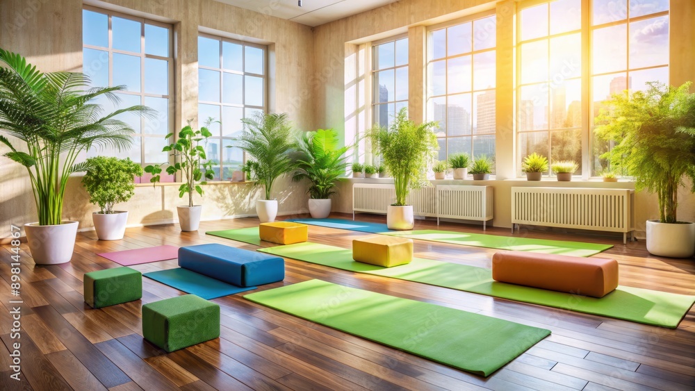 Serenely lit prenatal yoga studio with colorful mats, blocks, and green plants, conveying a sense of calm and wellness for expecting mothers. Serenely lit prenatal yoga studio with colorful mats, blocks, and green plants, conveying a sense of calm and wellness for expecting mothers.