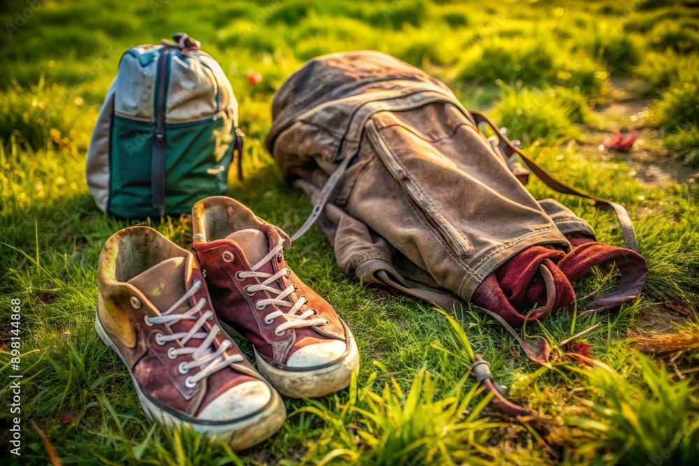 Muddy sneakers, stained pants, and a discarded backpack lie scattered in the grass, telling the story of a joyful and carefree outdoor adventure. Muddy sneakers, stained pants, and a discarded backpack lie scattered in the grass, telling the story of a joyful and carefree outdoor adventure.