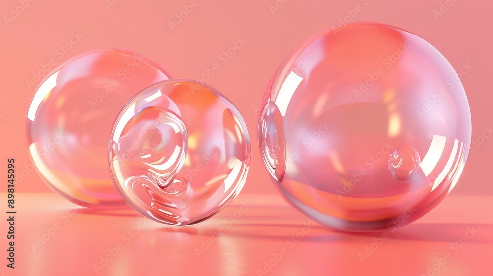 Three transparent glass spheres on a pink background. The spheres reflect light and create a shimmering effect. Three transparent glass spheres on a pink background. The spheres reflect light and create a shimmering effect.