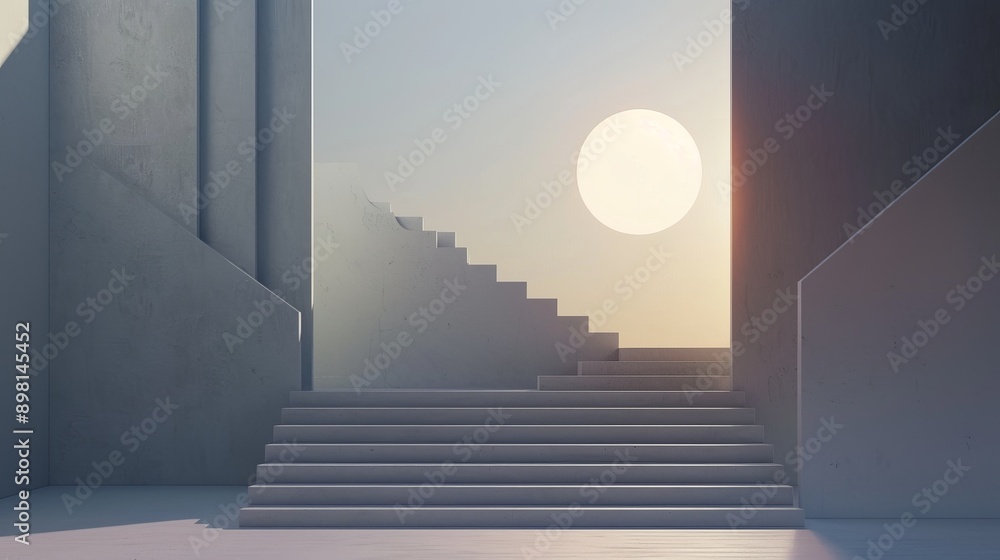 Minimalist architecture with a staircase leading towards a bright sun in the distance. The clean lines and muted colors create a sense of tranquility. Minimalist architecture with a staircase leading towards a bright sun in the distance. The clean lines and muted colors create a sense of tranquility.